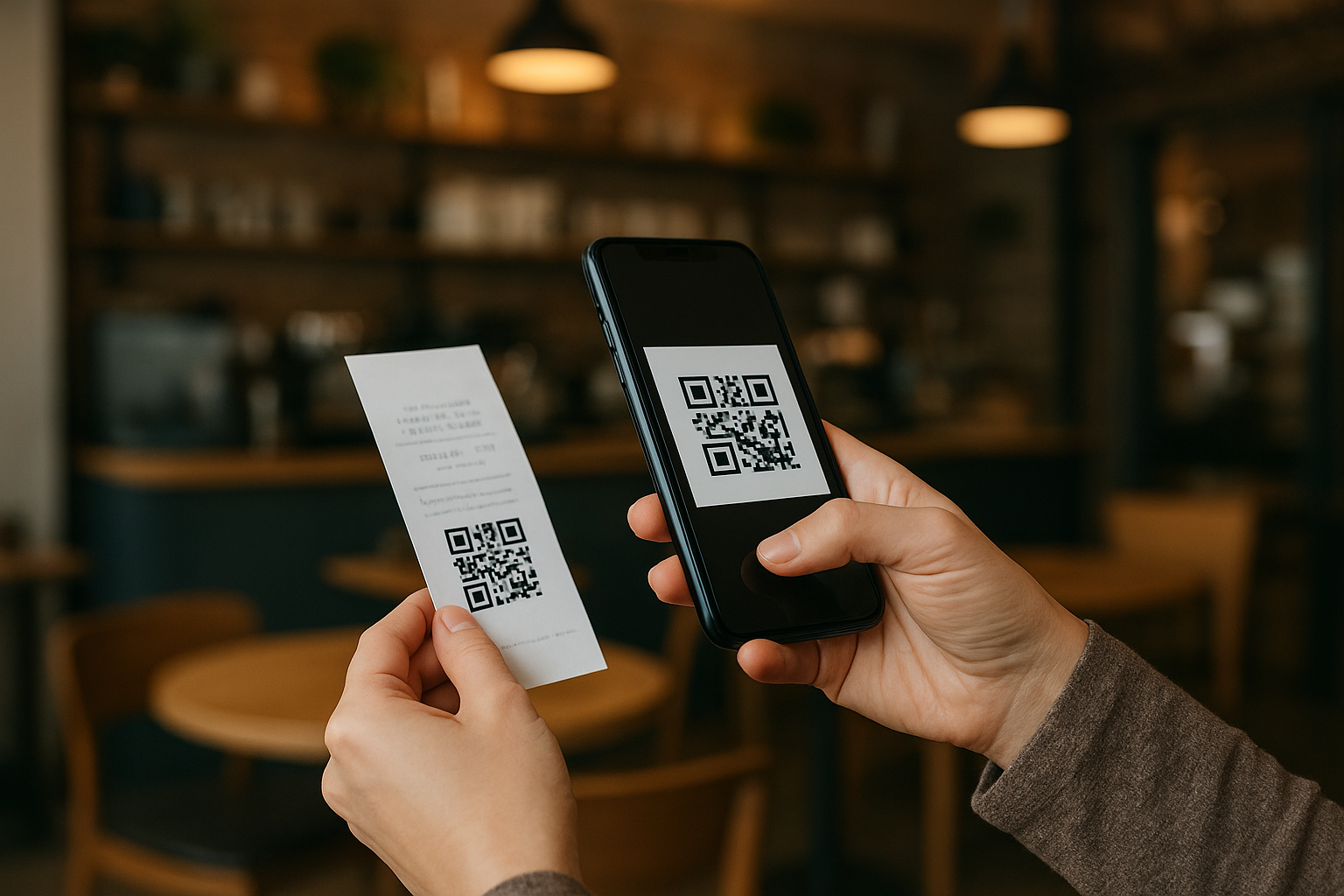 Cliente escaneando código QR en un café para acumular puntos de fidelización