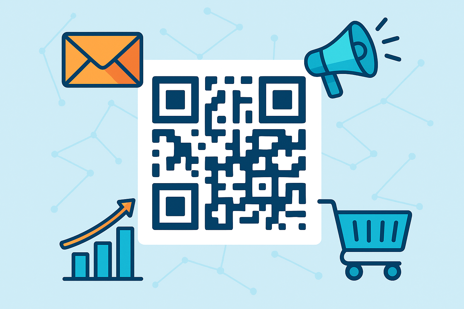 Código QR sobre fondo digital con iconos de email y marketing