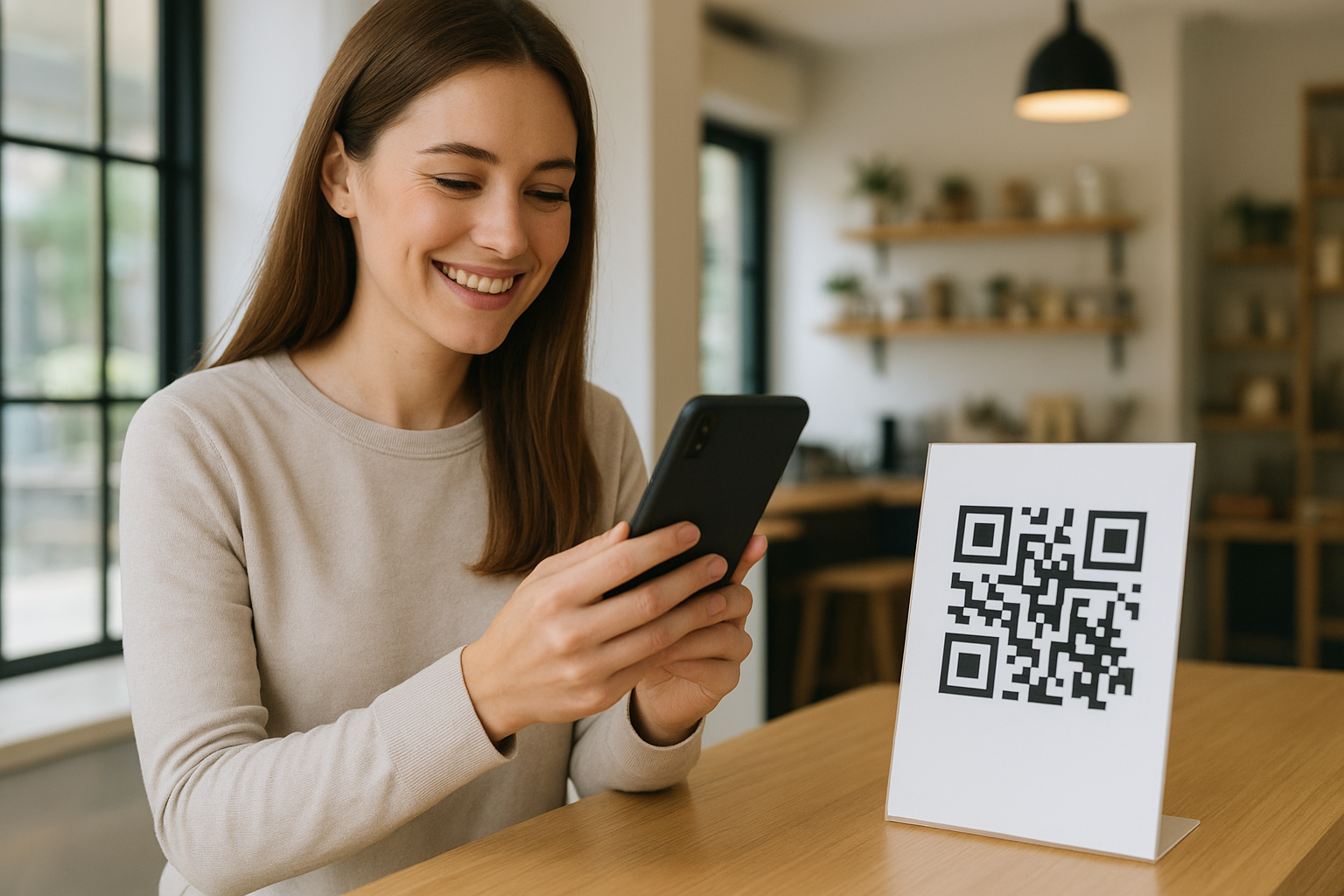 Cliente escaneando un código QR con su teléfono móvil para iniciar un chat en WhatsApp en un negocio local
