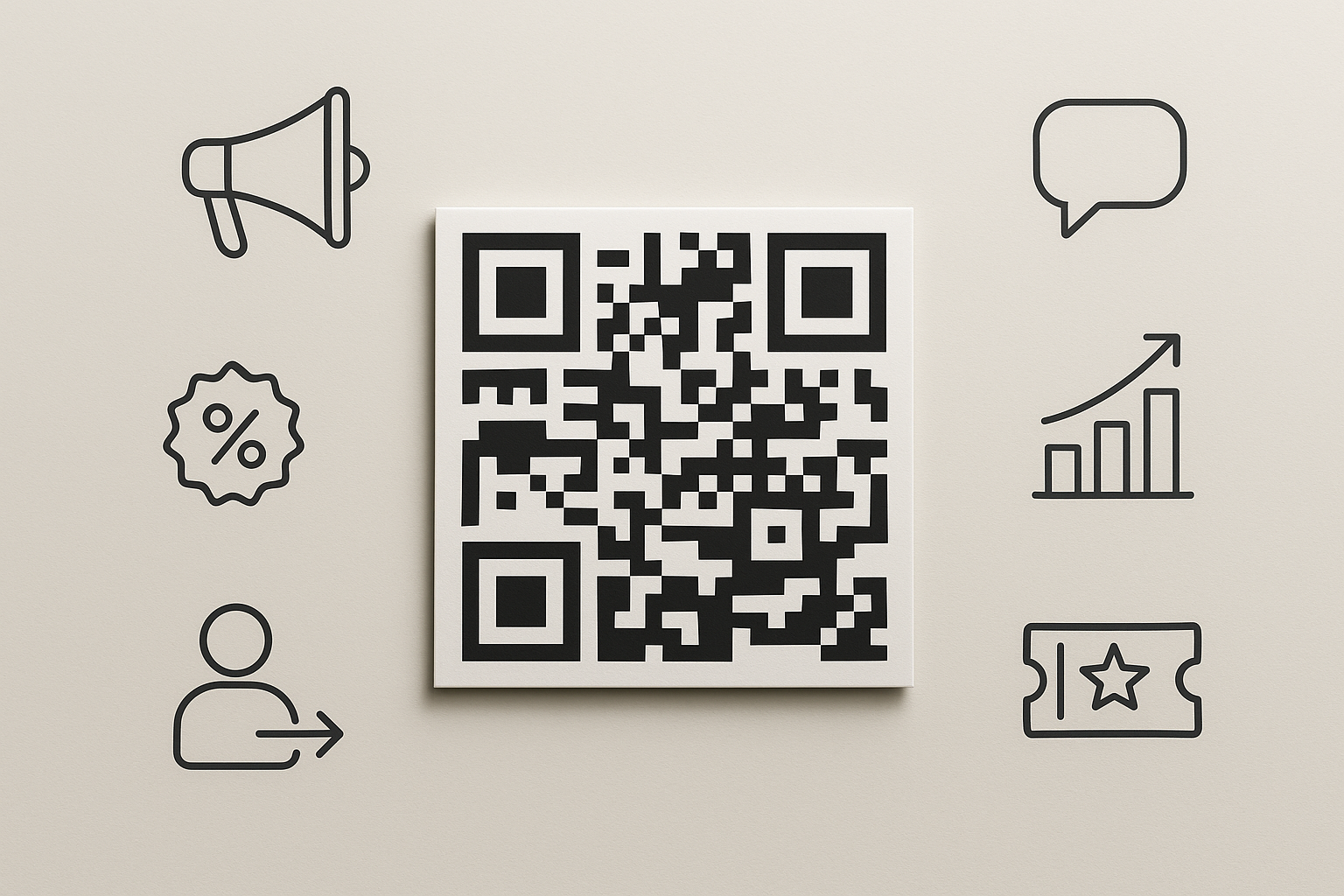 Código QR sobre fondo neutro con elementos relacionados a marketing y referidos