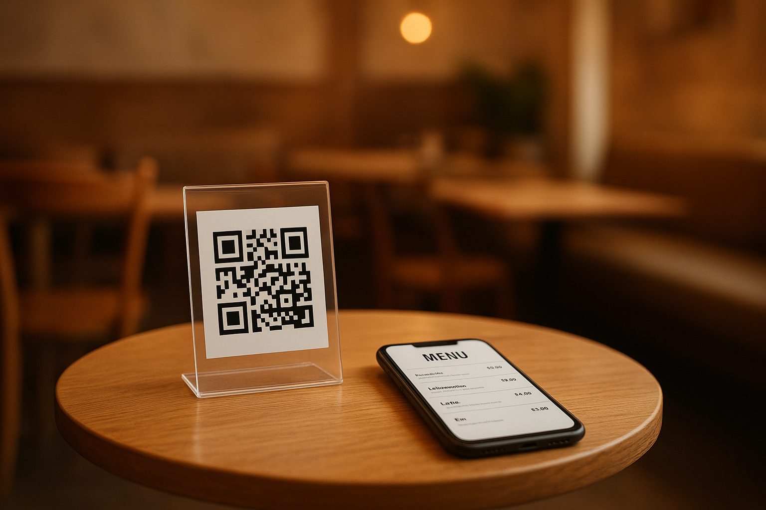 Mesa de cafetería con código QR impreso para acceder a menú digital en dispositivo móvil