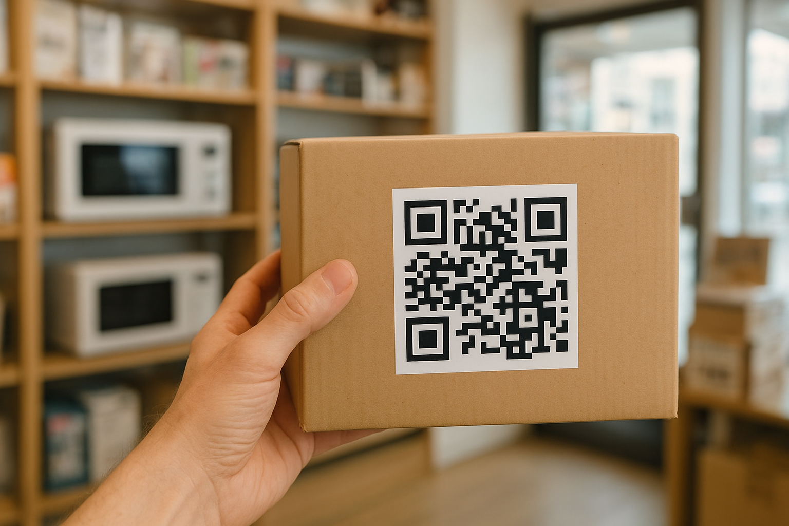 Mano sosteniendo un paquete de electrodoméstico con un código QR visible en el empaque