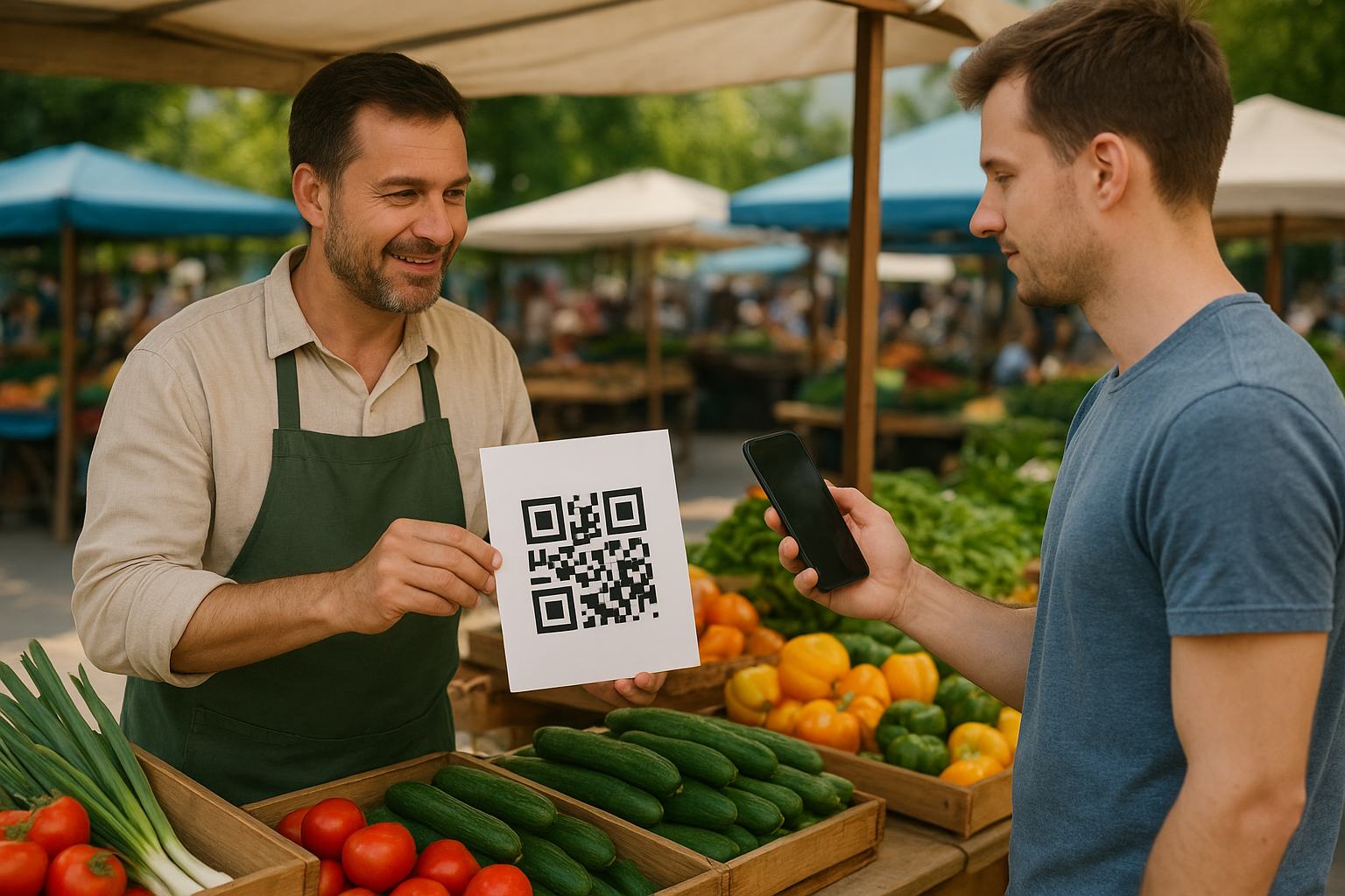 Cliente pagando con código QR en un puesto de mercado local
