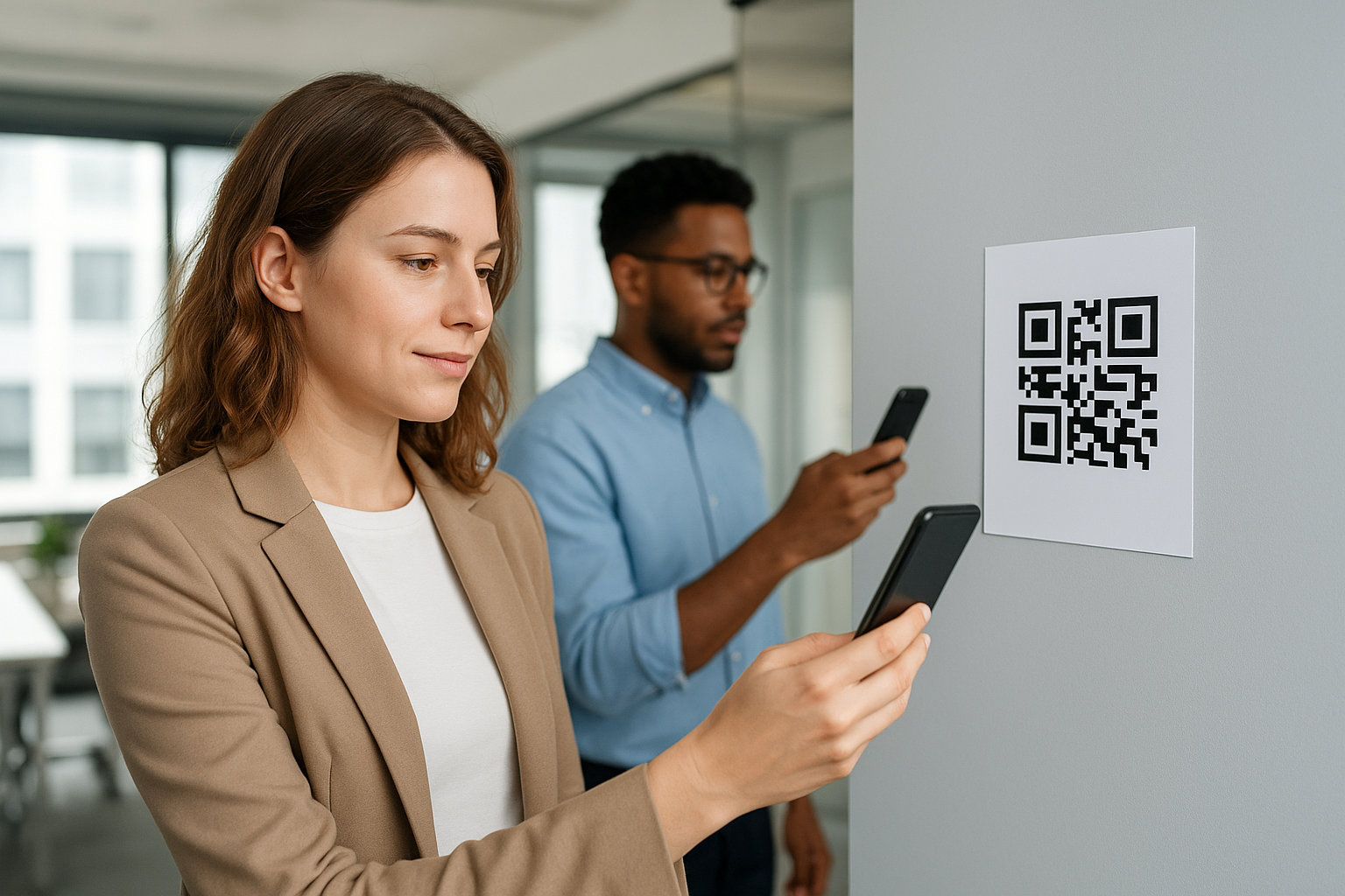 Empleado escaneando código QR en oficina para acceder a documentos internos
