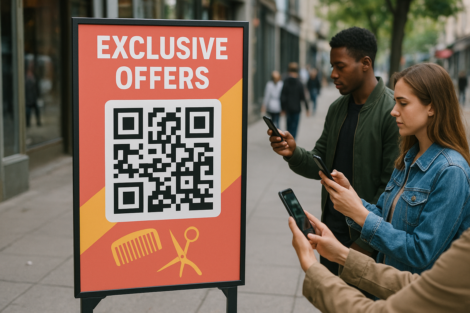 Cartel en la calle con código QR para promoción de peluquería