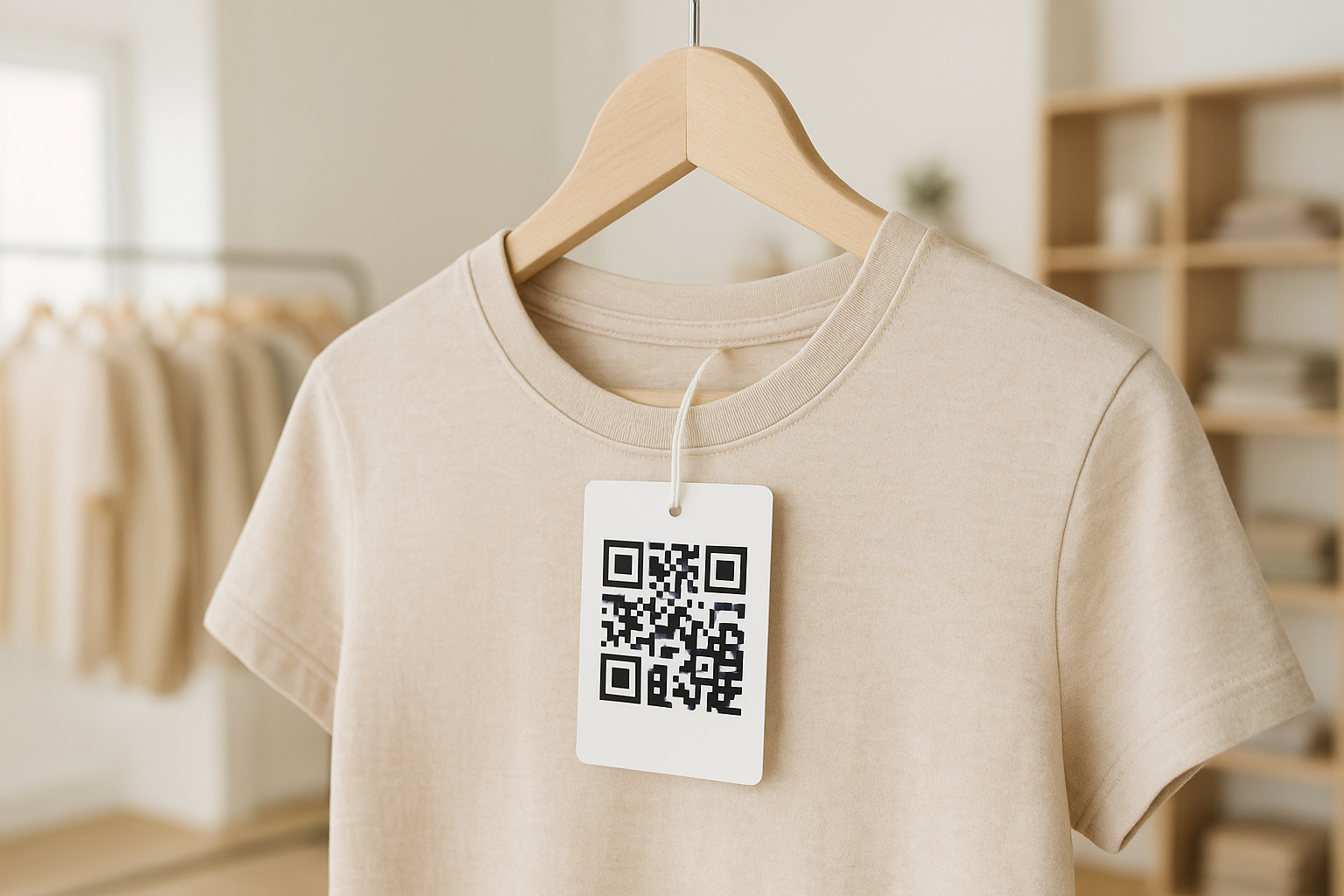 Etiqueta con código QR pegada en una prenda de ropa en una tienda pequeña
