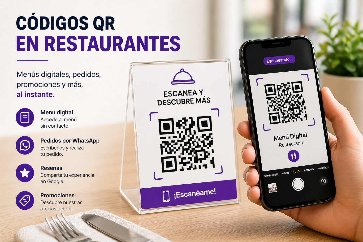 Cliente escaneando código QR en mesa de restaurante