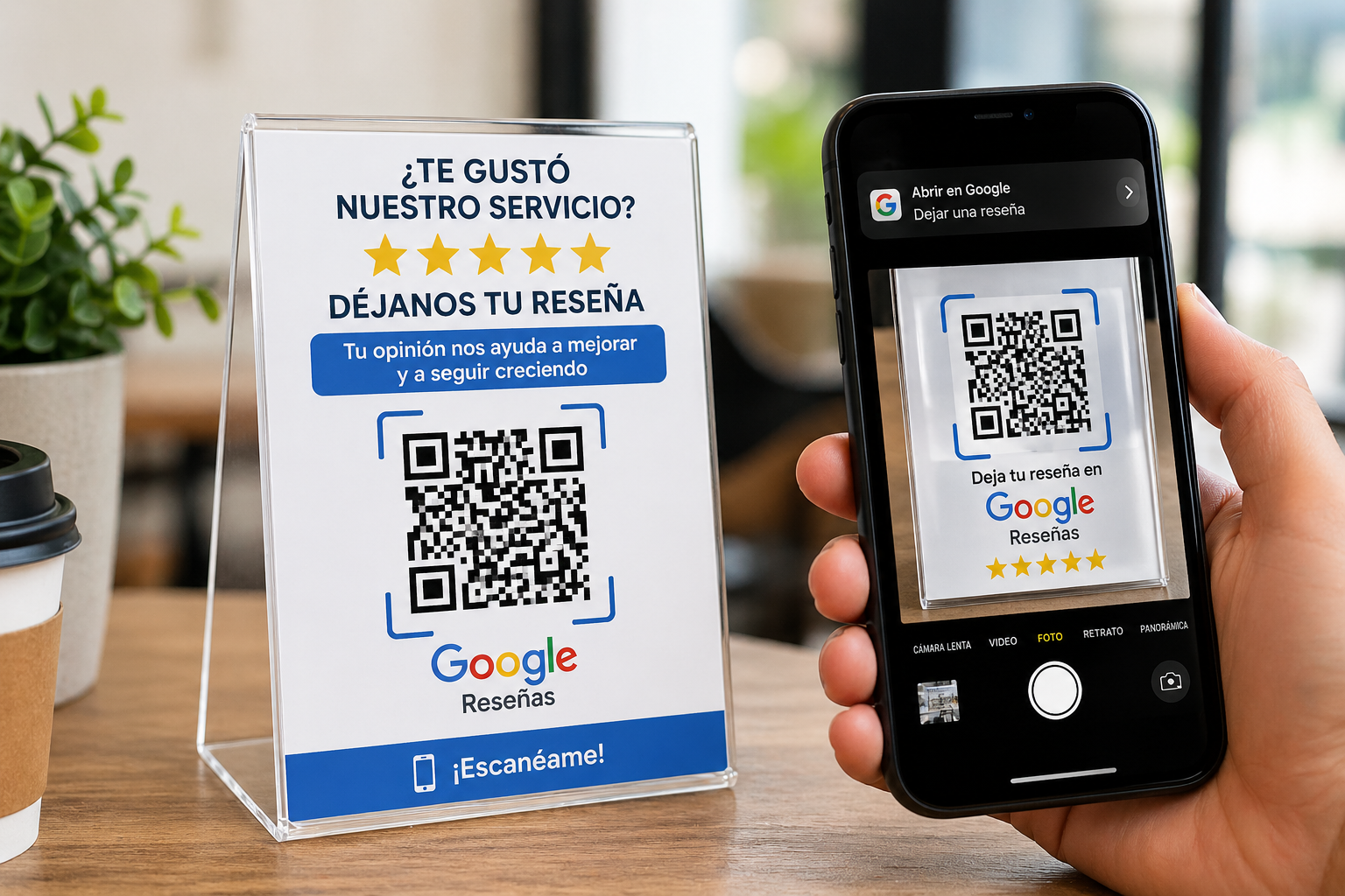 Cliente escaneando código QR para dejar reseña en Google